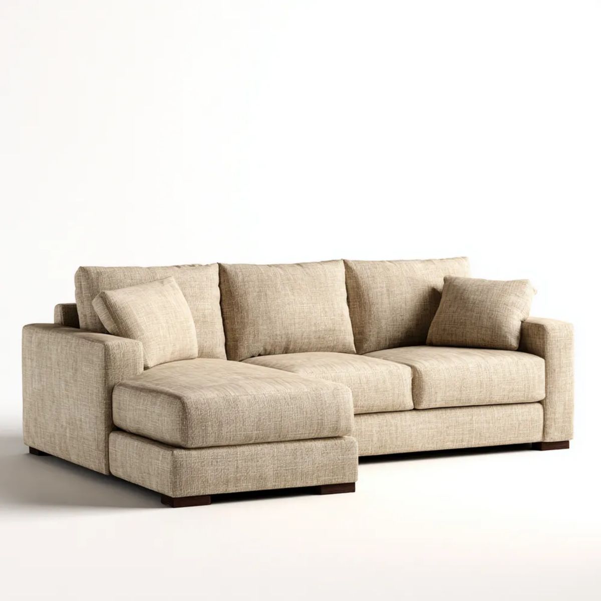 Beżowa sofa narożna z lewostronnym szezlongiem, tapicerka poliestrowa, 260 × 92 × 88 cm