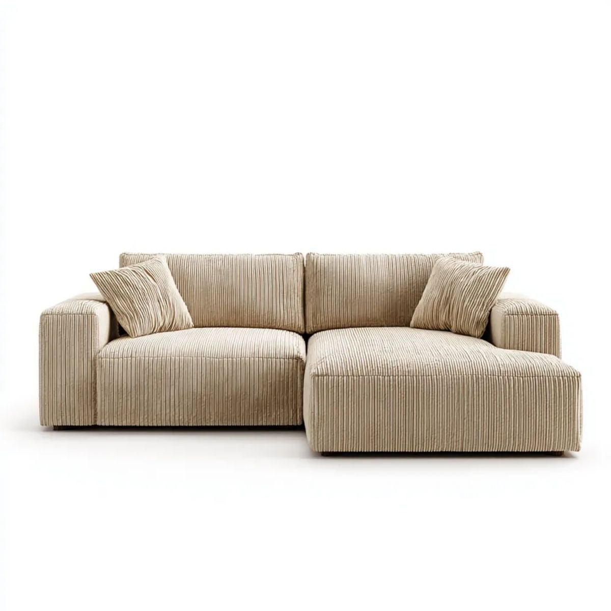 Beżowa sofa narożna z prawostronnym szezlongiem, sztruksowa, 250 × 160 × 85 cm