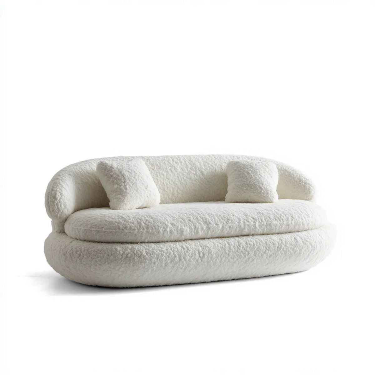 Kremowa sofa dwuosobowa z tapicerką bouclé z poliestru, owalna, 180 × 95 × 75 cm