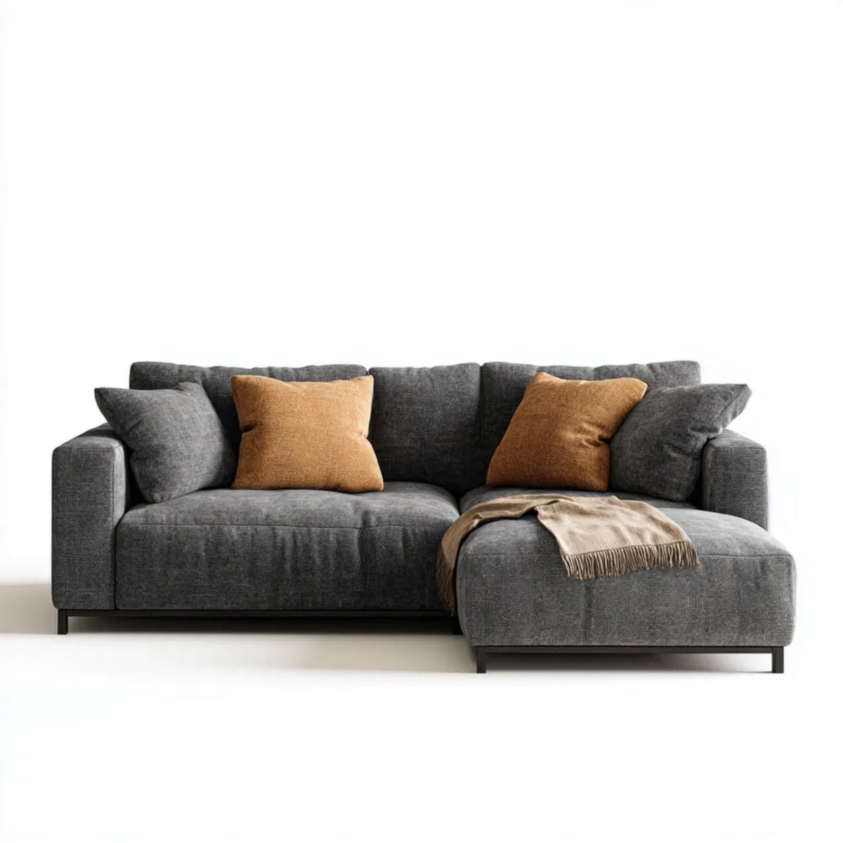 Ciemnoszara sofa narożna z prawostronnym szezlongiem z poliestru 260 × 160 × 85 cm