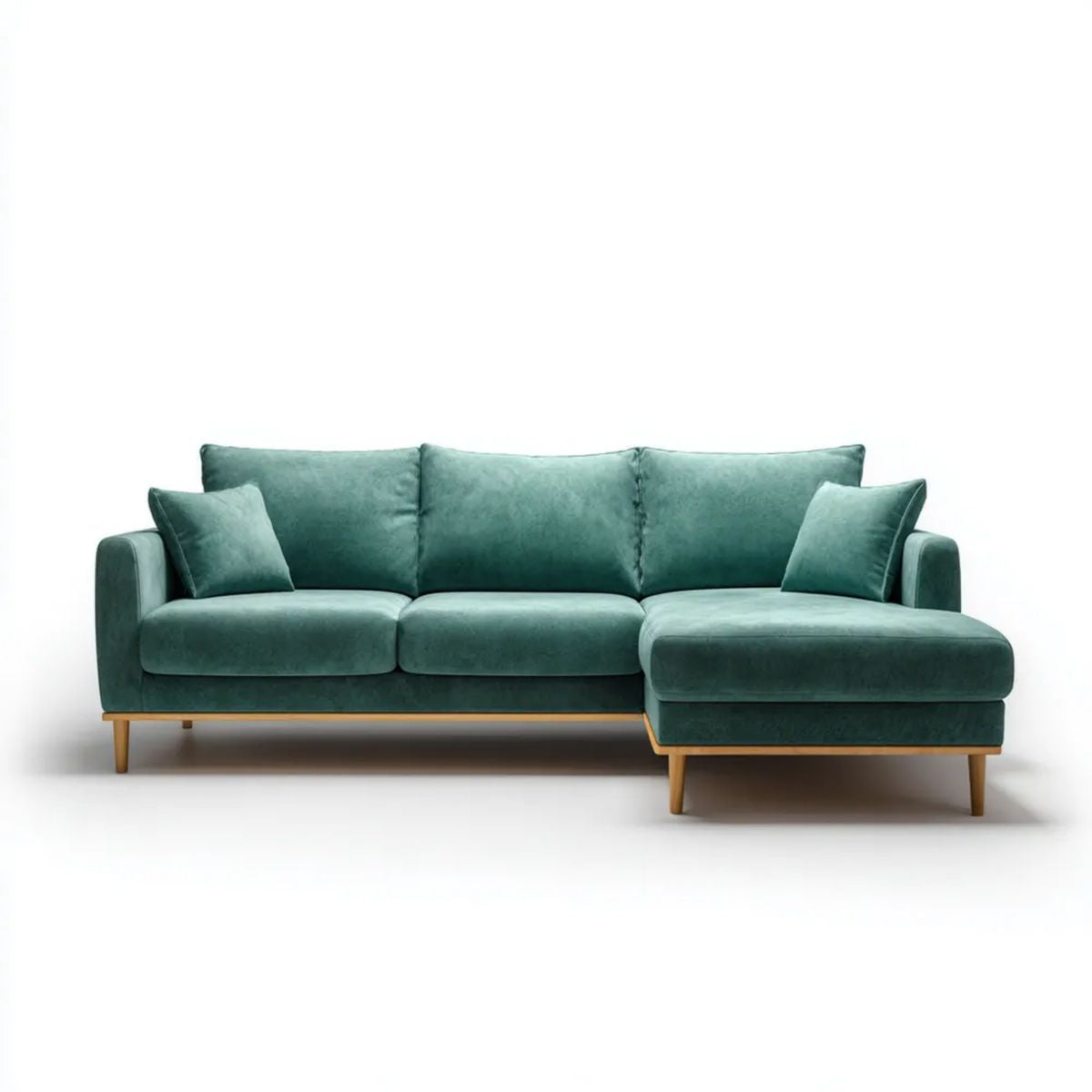 Zielona sofa narożna z prawostronnym szezlongiem, aksamitna, 250 x 160 x 85 cm