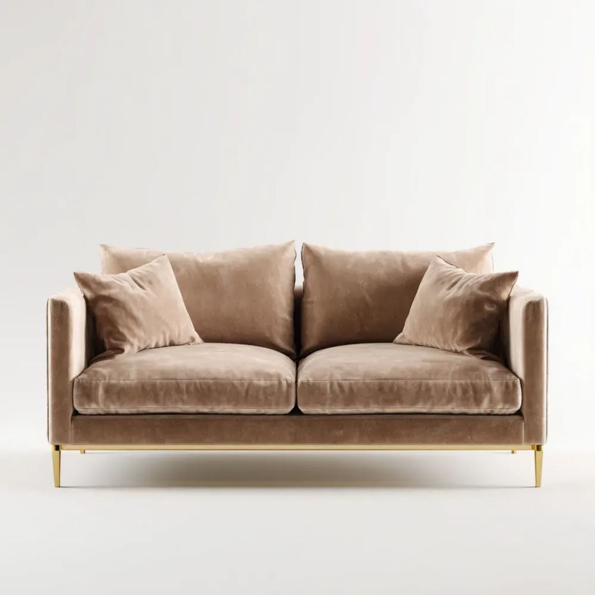 Dwuosobowa sofa z aksamitu szarobeżowa ze złotymi metalowymi nogami, 170 x 85 x 82 cm