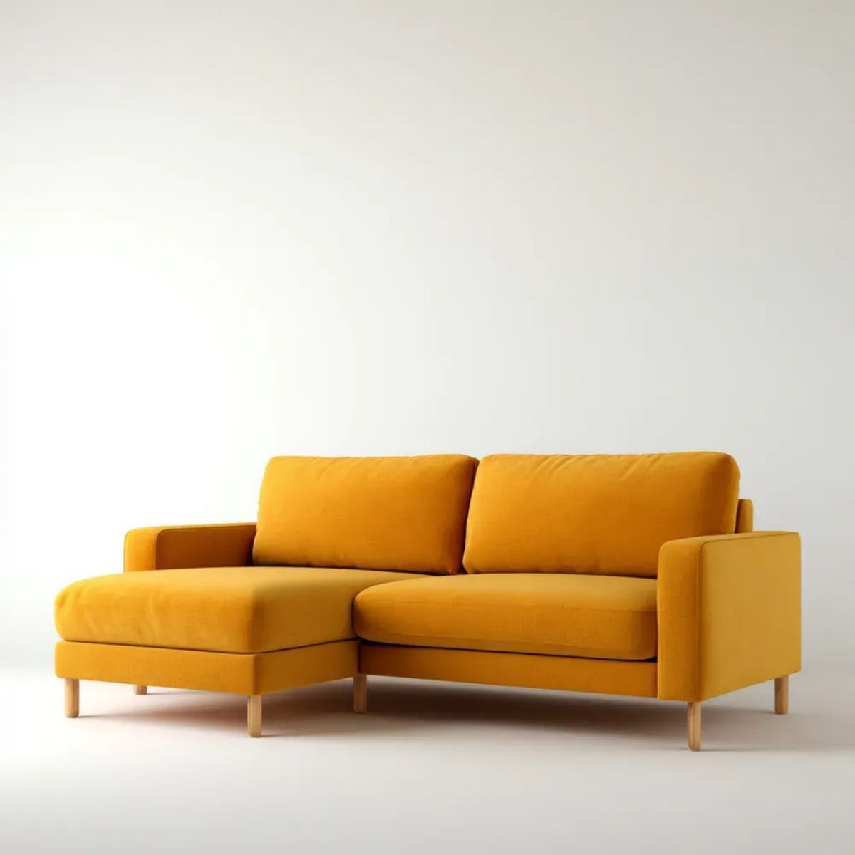 Musztardowa sofa narożna z lewostronnym szezlongiem, tapicerowana tkaniną, 220 × 145 × 85 cm