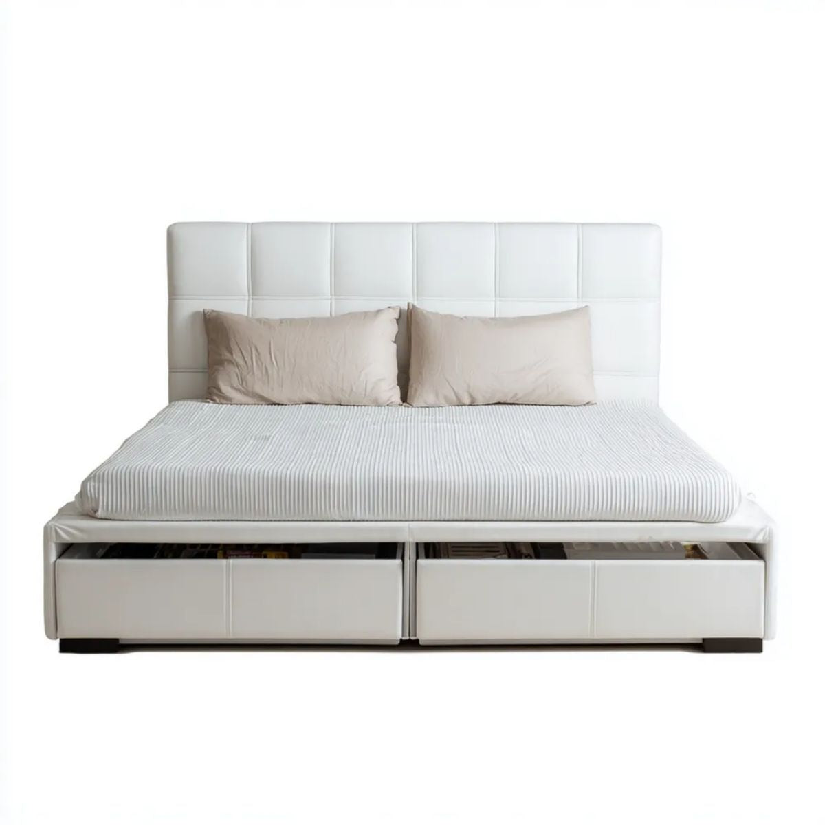 Białe łóżko dwuosobowe ze skóry syntetycznej PU z 2 szufladami, 160 × 200 cm