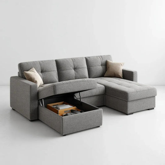 Szara sofa narożna z tkaniny w kształcie L, prawostronny szezlong, pojemnik 240 × 160 × 90 cm