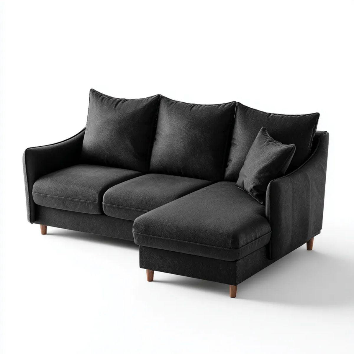 Czarna sofa narożna z szezlongiem po prawej stronie z poliestru, 230 × 150 × 85 cm, kształt L