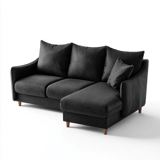 Czarna sofa narożna z szezlongiem po prawej stronie z poliestru, 230 × 150 × 85 cm, kształt L