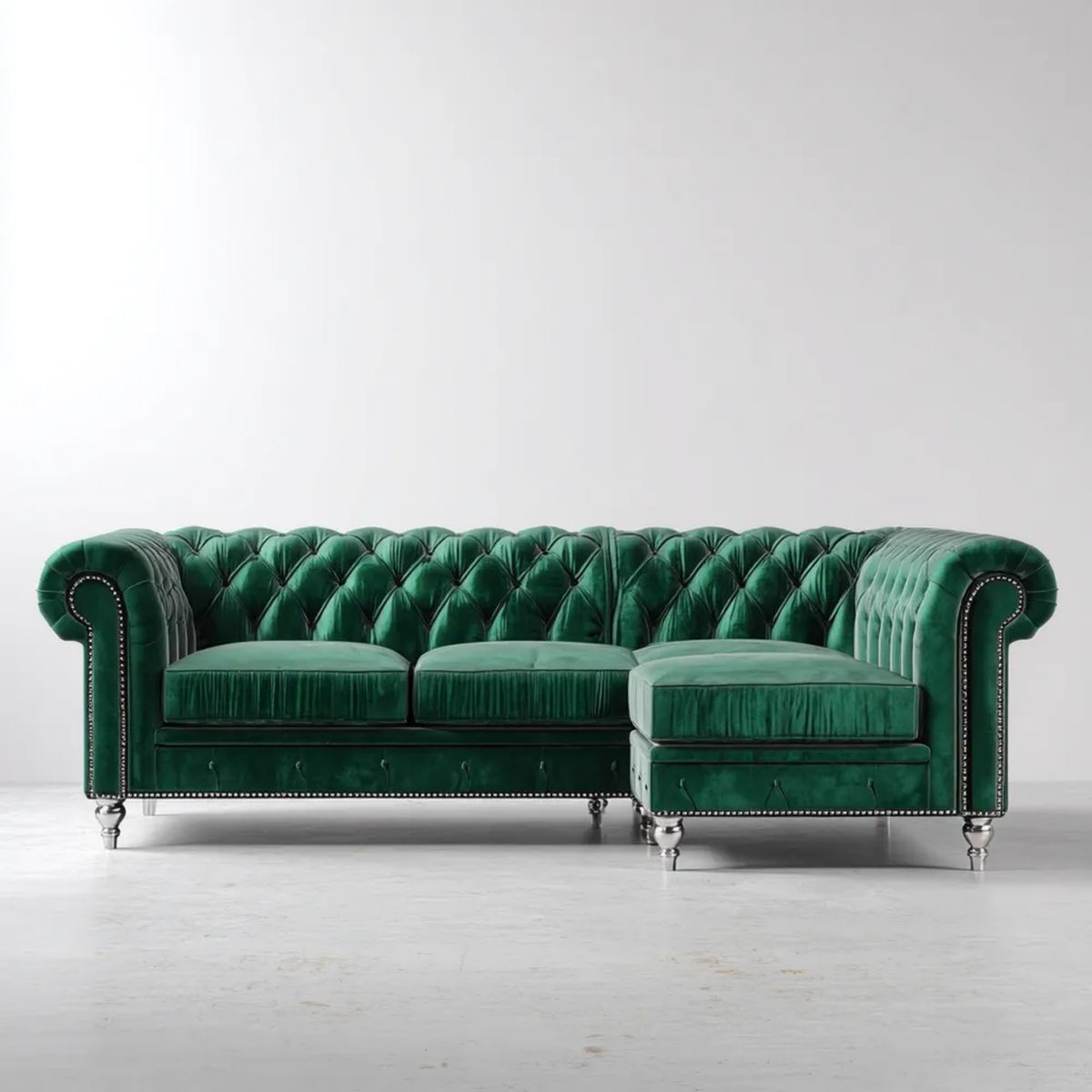 Zielona sofa narożna Chesterfield z aksamitu, prawostronna, 280 x 170 x 75 cm