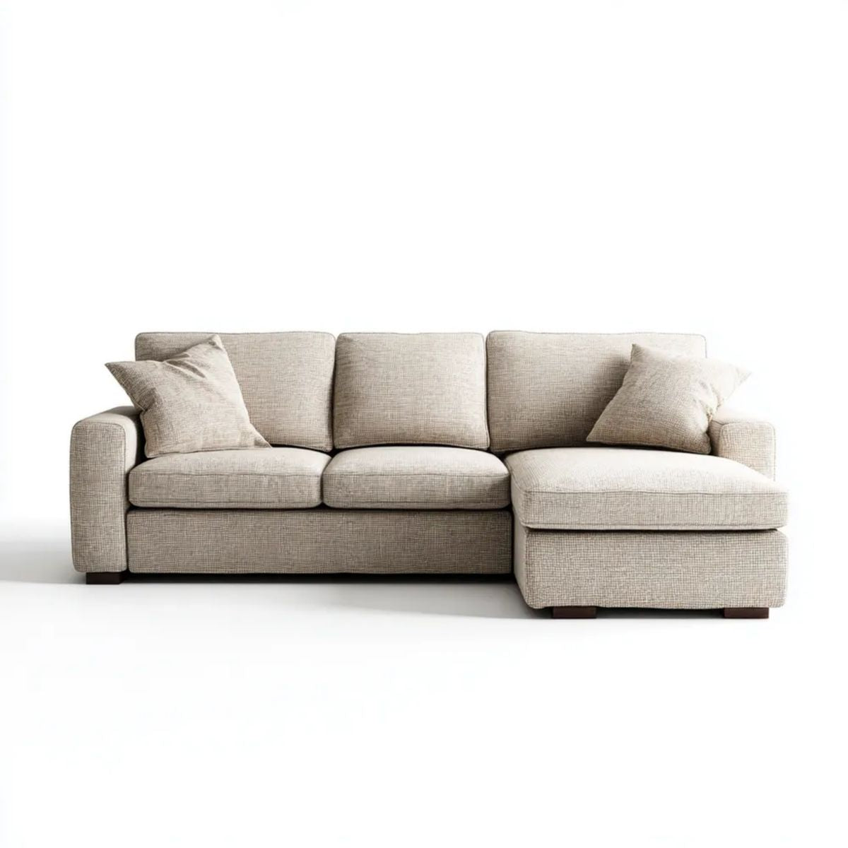 Beżowa sofa narożna z szezlongiem w kształcie L, tapicerowana tkaniną poliestrową, 250 × 160 × 85 cm