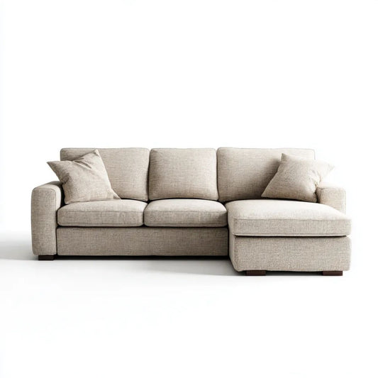 Beżowa sofa narożna z szezlongiem w kształcie L, tapicerowana tkaniną poliestrową, 250 × 160 × 85 cm