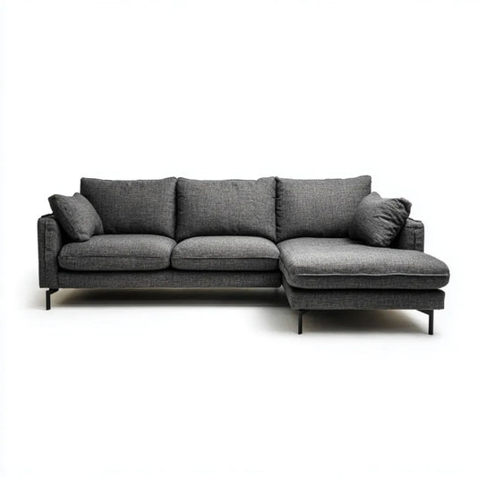 Prawostronna sofa narożna trzyosobowa z szezlongiem z tkaniny, ciemnoszara, 275 x 160 x 85 cm