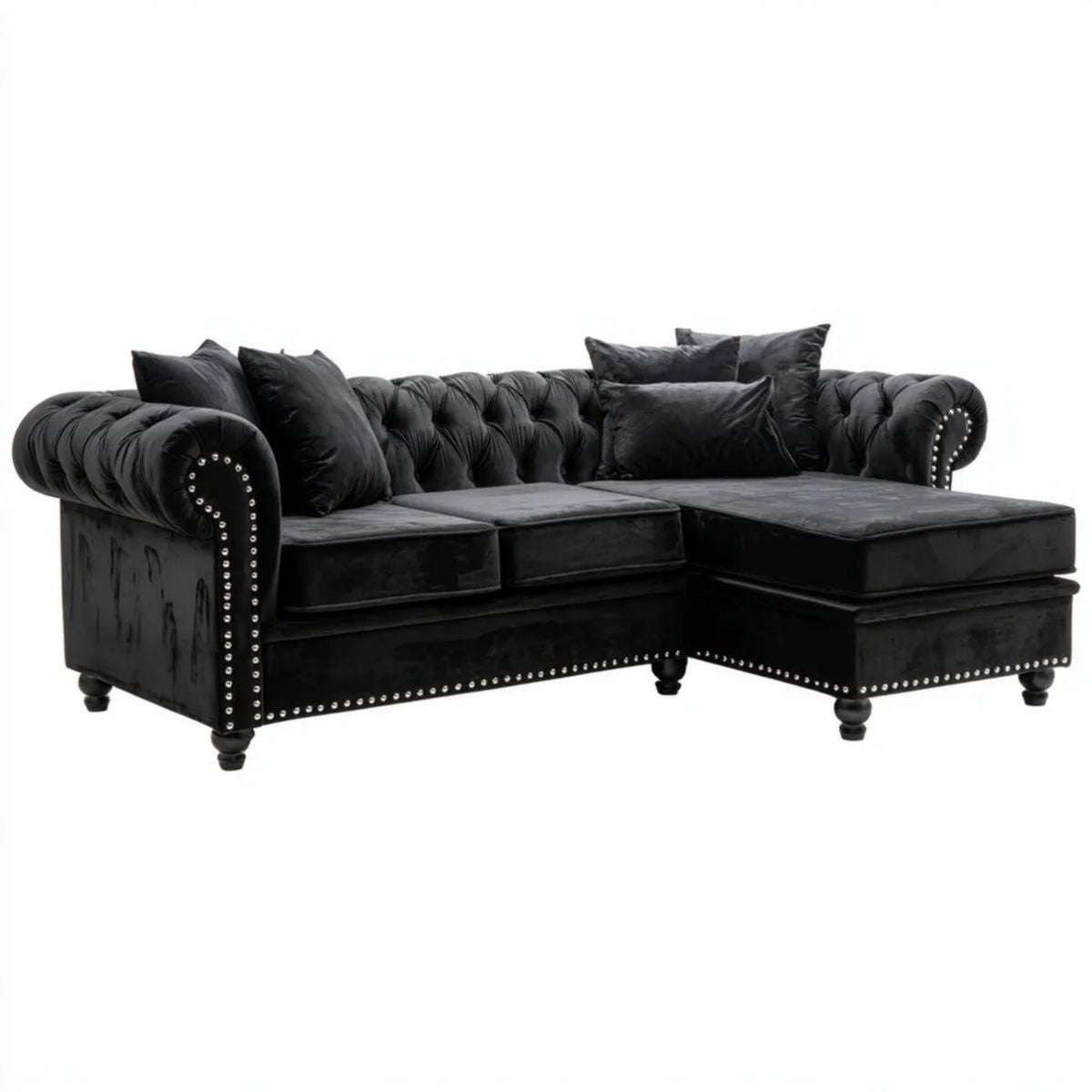 Pikowana sofa narożna Chesterfield z prawostronnym szezlongiem, czarna, aksamitowa, 260 × 160 × 78 cm