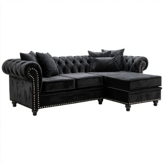 Pikowana sofa narożna Chesterfield z prawostronnym szezlongiem, czarna, aksamitowa, 260 × 160 × 78 cm