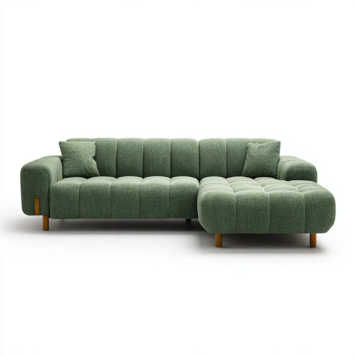 Zielona sofa narożna z prawostronnym szezlongiem, tapicerowana tkaniną, 280 × 160 × 88 cm