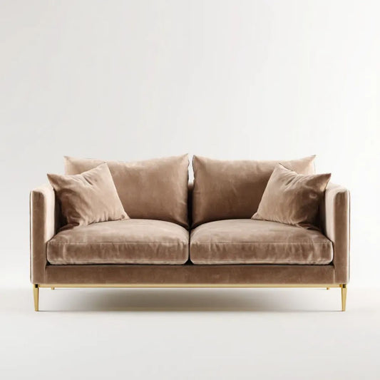Dwuosobowa sofa z aksamitu szarobeżowa ze złotymi metalowymi nogami, 170 x 85 x 82 cm
