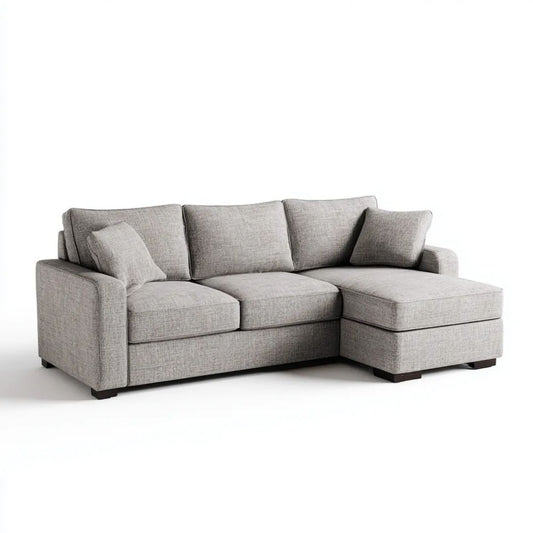 Prawostronna sofa narożna z szezlongiem, jasnoszara, tapicerka poliestrowa, 240 × 160 × 85 cm