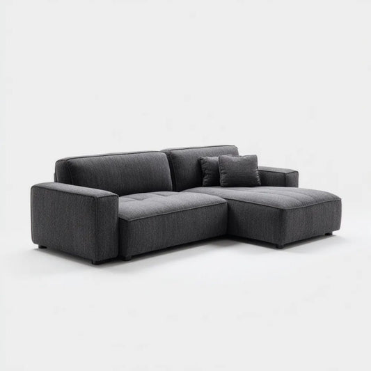 Grafitowa sofa narożna w kształcie L z prawostronnym szezlongiem, tapicerowana tkaniną, 250 x 160 x 85 cm
