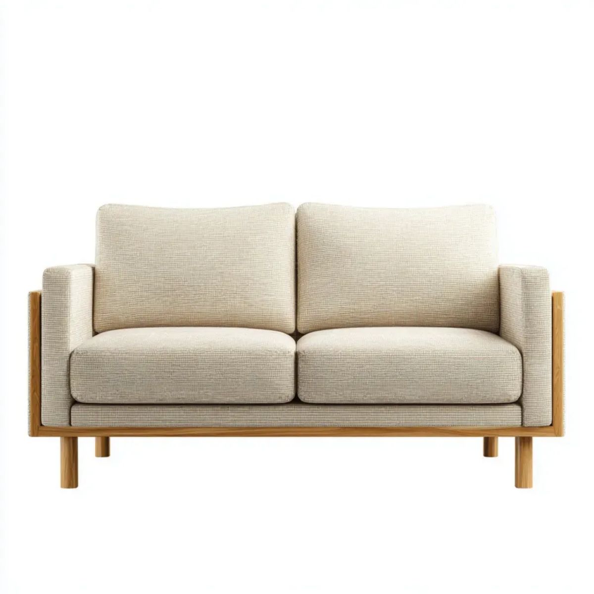 Dwuosobowa sofa beżowa z tapicerką poliestrową i drewnianą ramą, 140 × 78 × 82 cm
