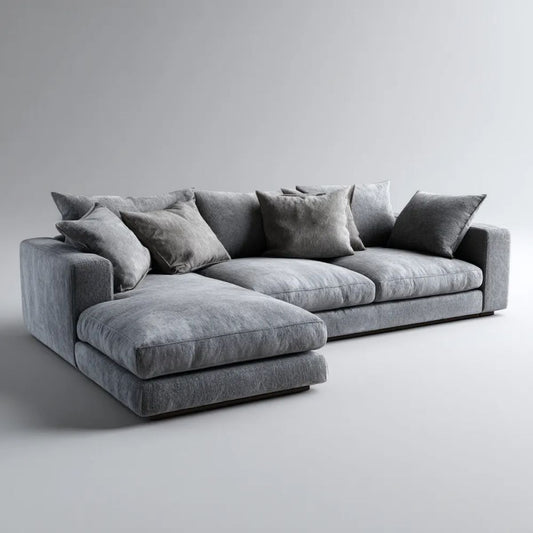 Szara sofa narożna z lewym szezlongiem, tapicerowana poliestrem, 290 × 170 × 85 cm