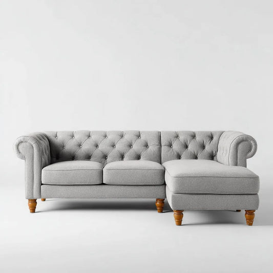 Prawostronna sofa narożna Chesterfield szara z tapicerką poliestrową 250 × 160 × 80 cm