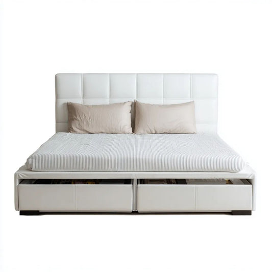 Białe łóżko dwuosobowe ze skóry syntetycznej PU z 2 szufladami, 160 × 200 cm